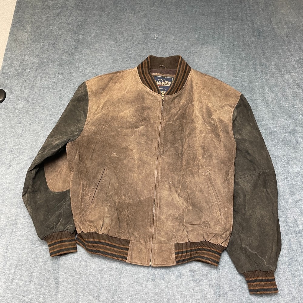VTG Varsity Bomber Jacket Mens XL Brown Lined Ribbed Hem Winter Wear Full Zip